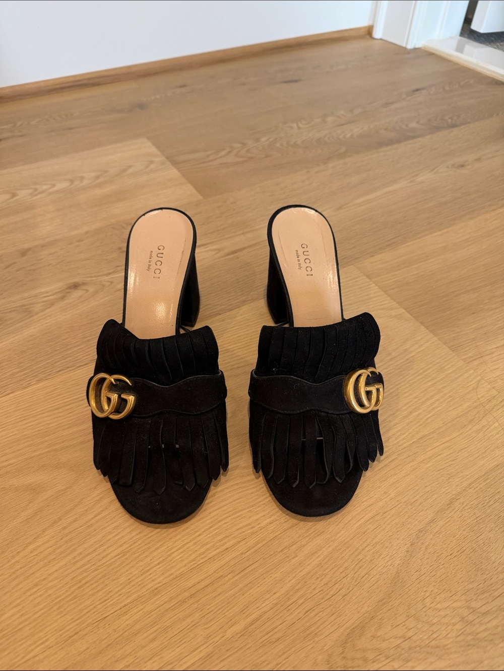 Gucci Black Suede Fringe Mules with Gold Double G Buckle